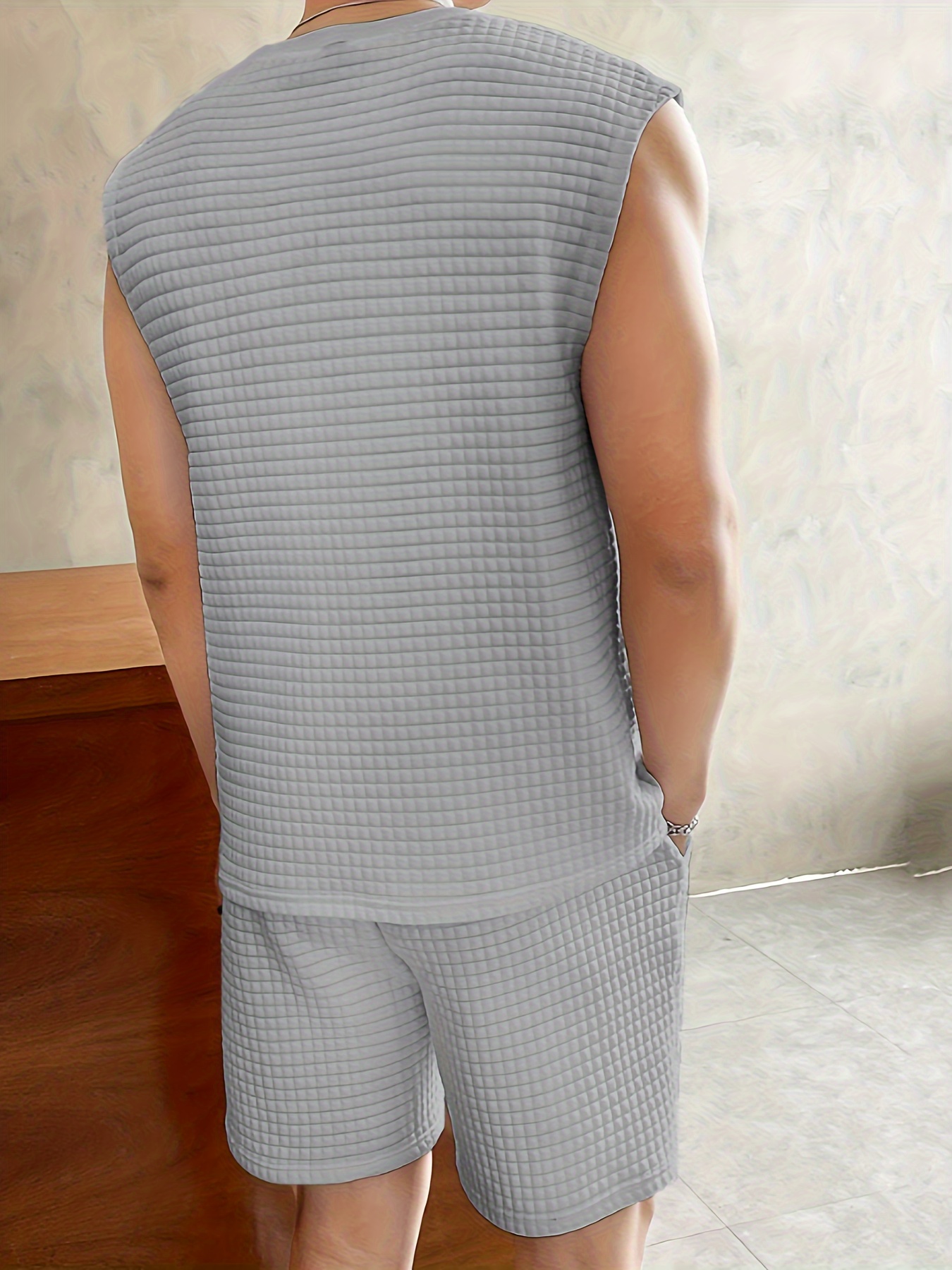 mens 2 piece outfits waffle pattern casual graphic tanktop and loose drawstring shorts set mens clothing details 1