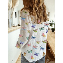 Butterfly Print Button Front Shirt, Casual Long Sleeve Shirt For Spring & Fall, Women's Clothing
