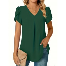 Solid V-neck Petal Sleeve Blouse, Versatile Simple Blouse For Spring & Summer, Women's Clothing