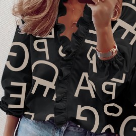 Ruffled Trim V Neck Shirt, Elegant Loose Long Sleeve Shirt, Women's Clothing