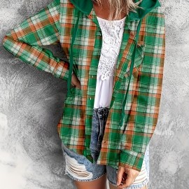 Hooded Plaid Print Blouse, Casual Button Front Drawstring Long Sleeve Blouse, Women's Clothing