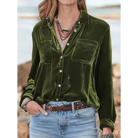 Solid Patched Pockets Velvet Shirt, Vintage Long Sleeve Shirt For Spring & Fall, Women's Clothing