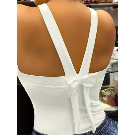 Figure & Letter Print Cami Top, Sexy Back Bow Slim Spaghetti Strap Top For Summer, Women's Clothing