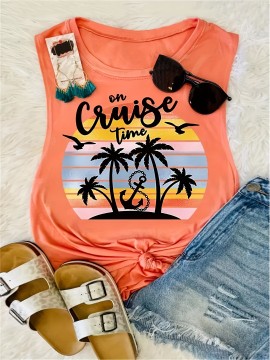 Coconut Tree & Anchor Print Tank Top, Casual Crew Neck Sleeveless Summer Tank Top, Women's Clothing