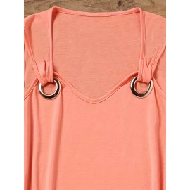 Solid Ring Linked Tank Top, Casual Crew Neck Sleeveless Top, Women's Clothing