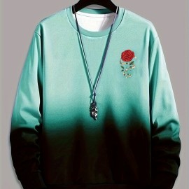 Ombre Trendy Sweatshirt, Men's Casual Retro Rose Graphic Design Slightly Stretch Crew Neck Pullover Sweatshirt For Autumn Winter