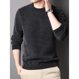 Men's Stylish Solid Knitted Pullover, Casual High Stretch Breathable Long Sleeve Crew Neck Top For City Walk Street Hanging Outdoor Activities