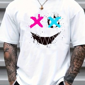 Big Smile Print, Men's Graphic Design Crew Neck Active T-shirt, Casual Comfy Tees Tshirts For Summer, Men's Clothing Tops For Daily Vacation Resorts