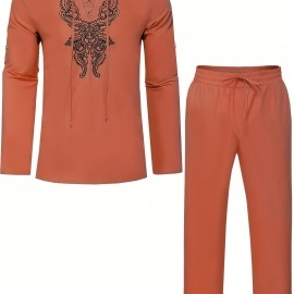 Cotton Boho Style Pattern Embroidery Men's 2 Pieces Outfits, Long Sleeve Lace Up Shirt And Drawstring Solid Trousers Set