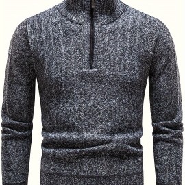 Turtle Neck With Zipper Knitted Texture Sweater, Men's Casual Warm Solid Color Mid Stretch Pullover Sweater For Fall Winter