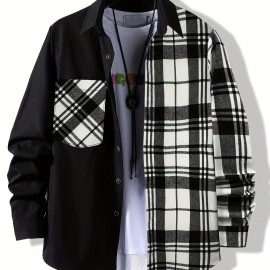 Plaid Pattern Men's Casual Thin Long Sleeve Color Block Button Up Shirt With Chest Pocket, Male Clothes For Summer Spring And Fall